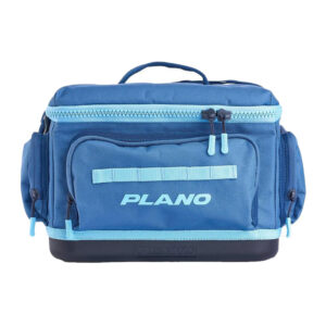 Blue Plano tackle bag with multiple compartments.
