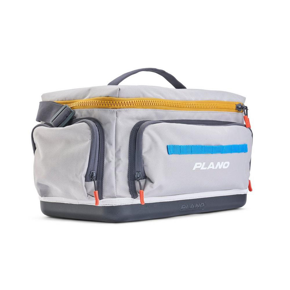Gray soft tackle bag with multiple pockets.