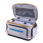 Open tackle bag with compartments and mesh pocket.