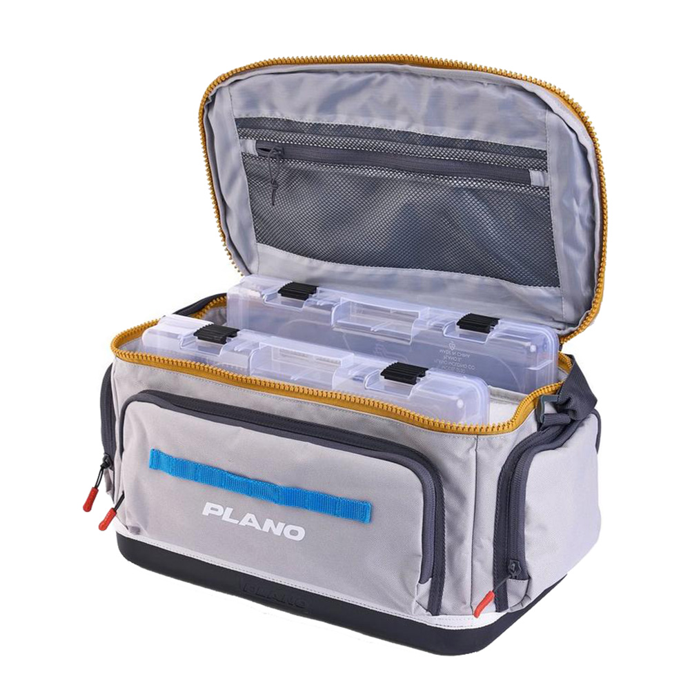 Open tackle bag with compartments and mesh pocket.
