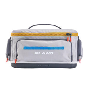 Plano gray tackle bag with multiple compartments.