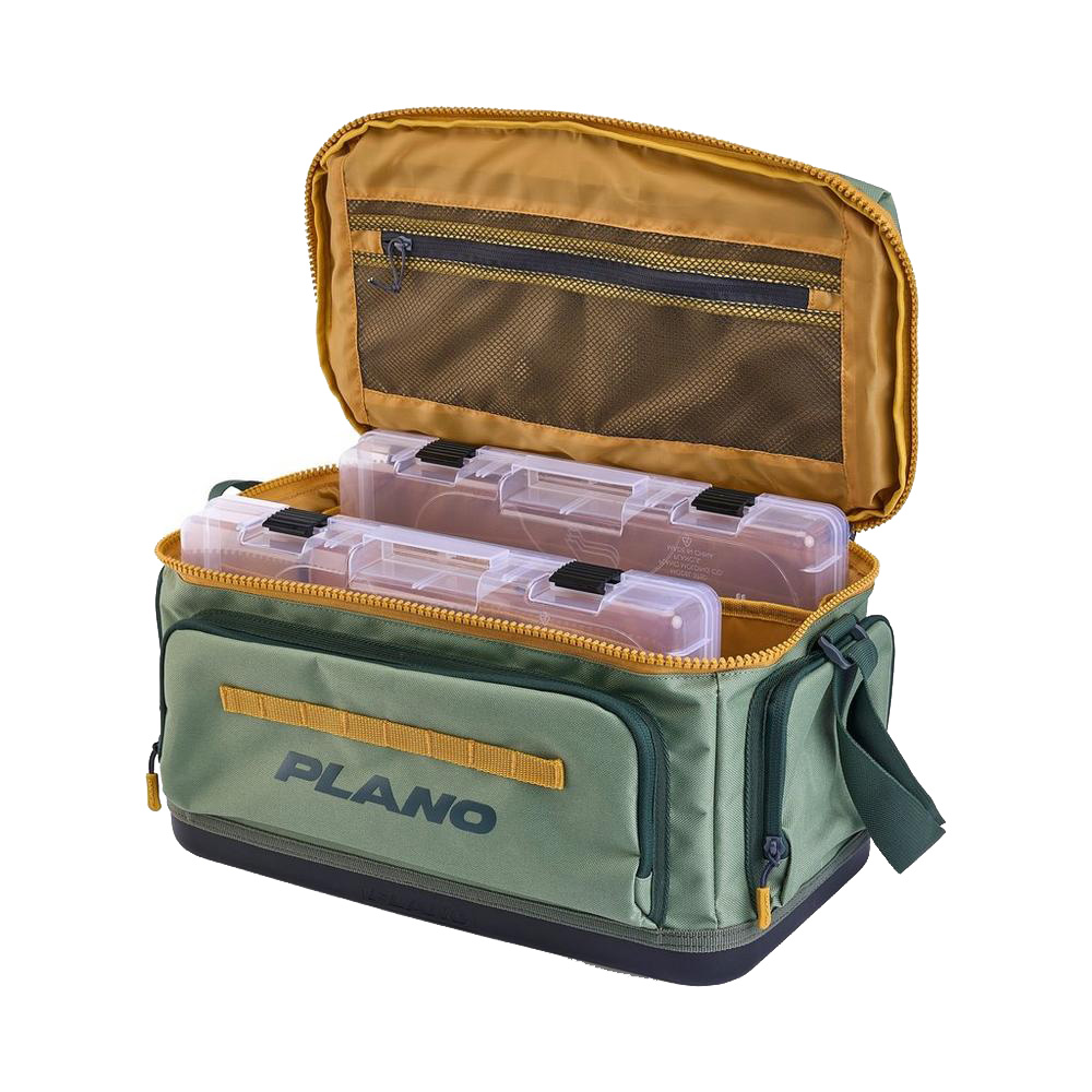 Green tackle box with open compartments and trays.