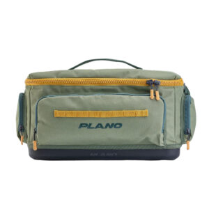 Green Plano tackle bag with yellow zippers.