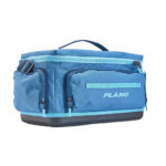 Blue Plano tackle bag with multiple compartments.