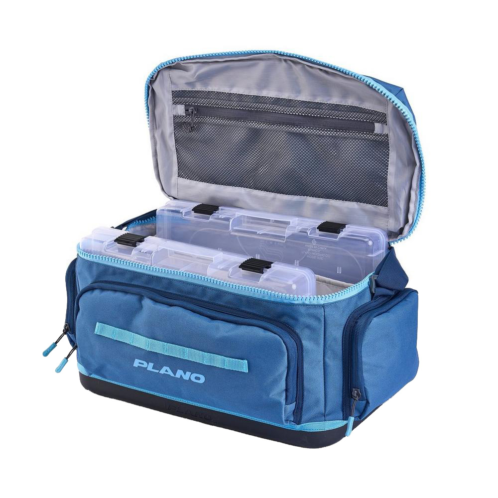 Blue fishing tackle bag with compartments open