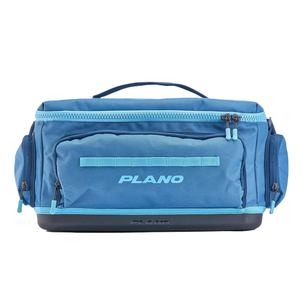 Blue Plano fishing gear bag with multiple pockets.