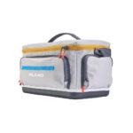 Gray and blue fishing tackle bag with pockets.