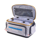 Grey tackle bag with open compartments and trays.