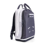 Gray and white waterproof backpack with multiple compartments.