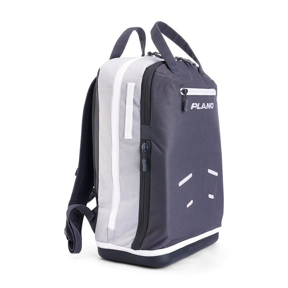 Gray and white waterproof backpack with multiple compartments.