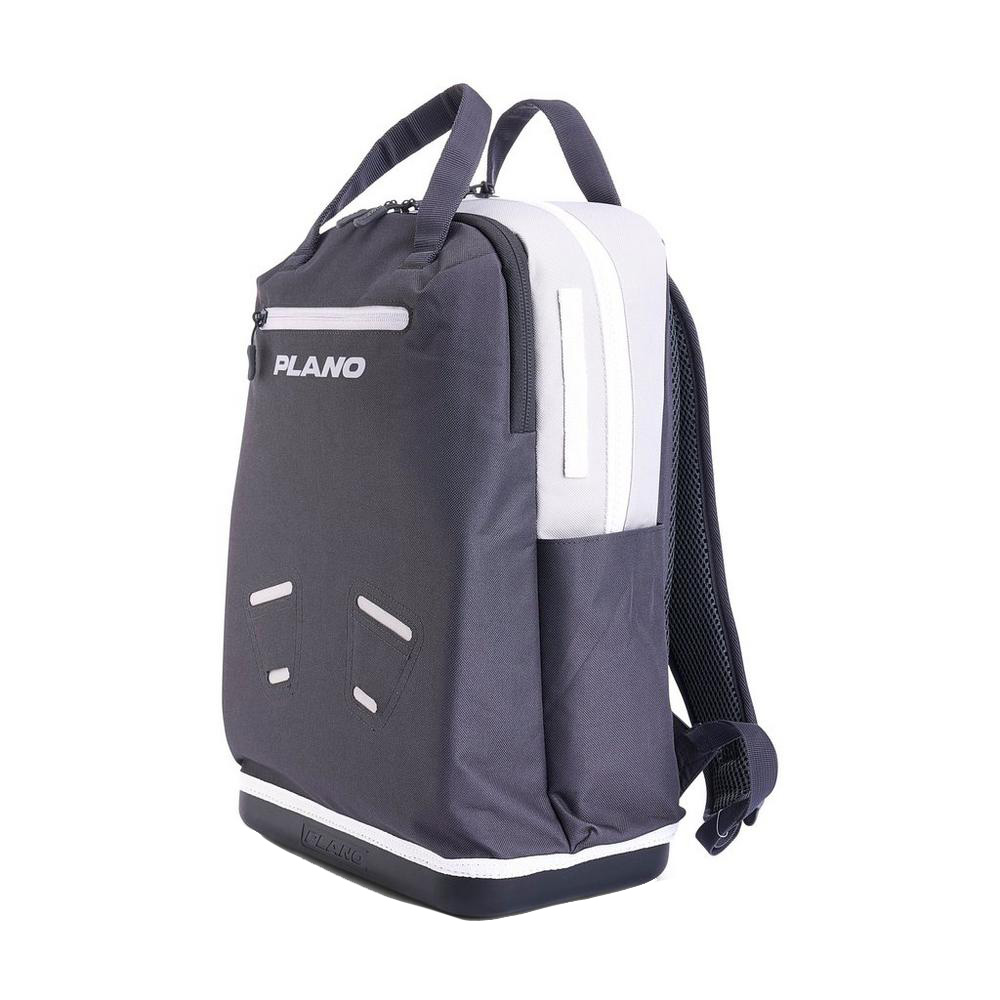 Gray backpack with white accents and zipper pockets.