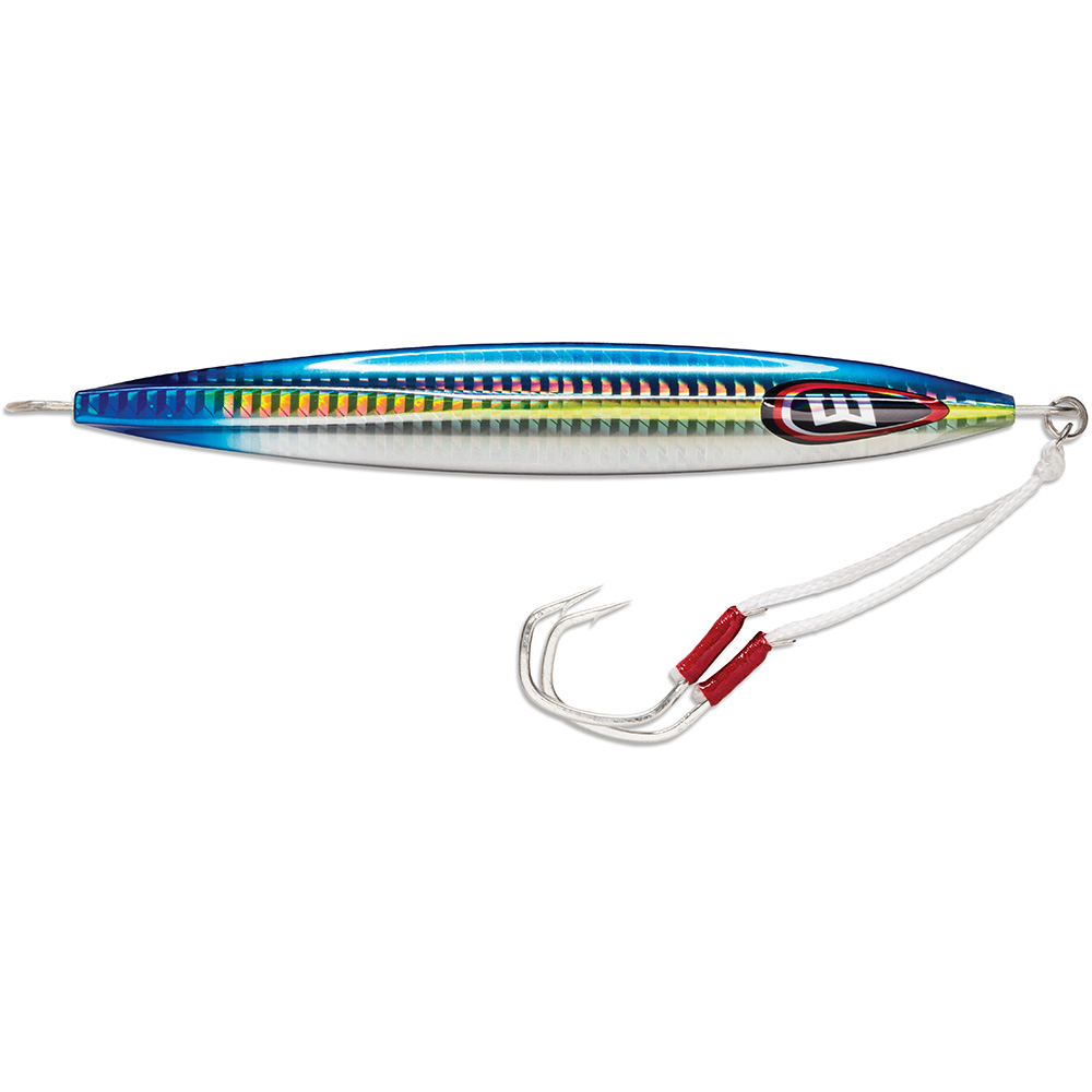 Colorful fishing lure with hooked line.