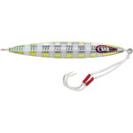Colorful fishing lure with dual hooks.