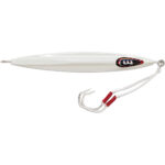 White fishing lure with two hooks.
