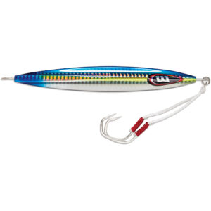 Colorful fishing lure with hooks attached.