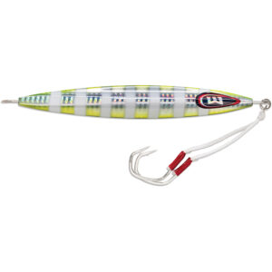 Colorful metal fishing lure with treble hook.