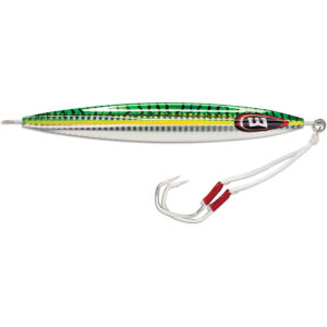 Green fishing lure with dual hooks.