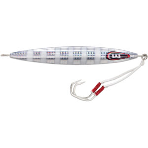 Fishing lure with metal jig hook, reflective finish.