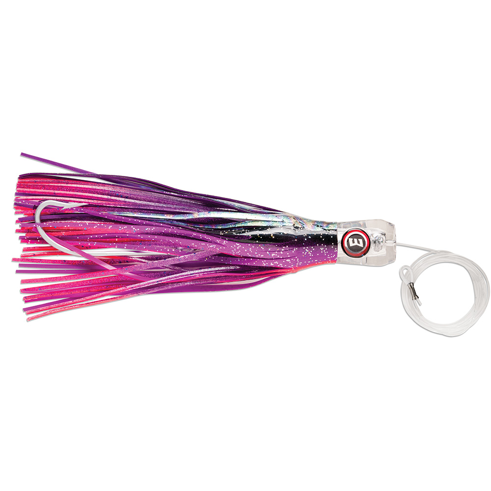Purple and pink fishing lure with hook and line.