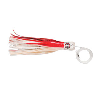 Red and white fishing lure with multiple strands.