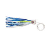 Blue and green fishing lure with line attached.