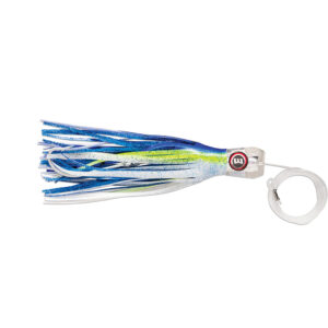 Blue and green fishing lure with line attached.