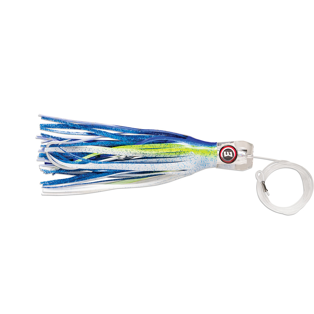 Blue and green fishing lure with line attached.