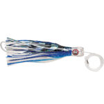 Blue and white fishing lure with sparkles.