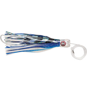 Blue and white fishing lure with sparkles.