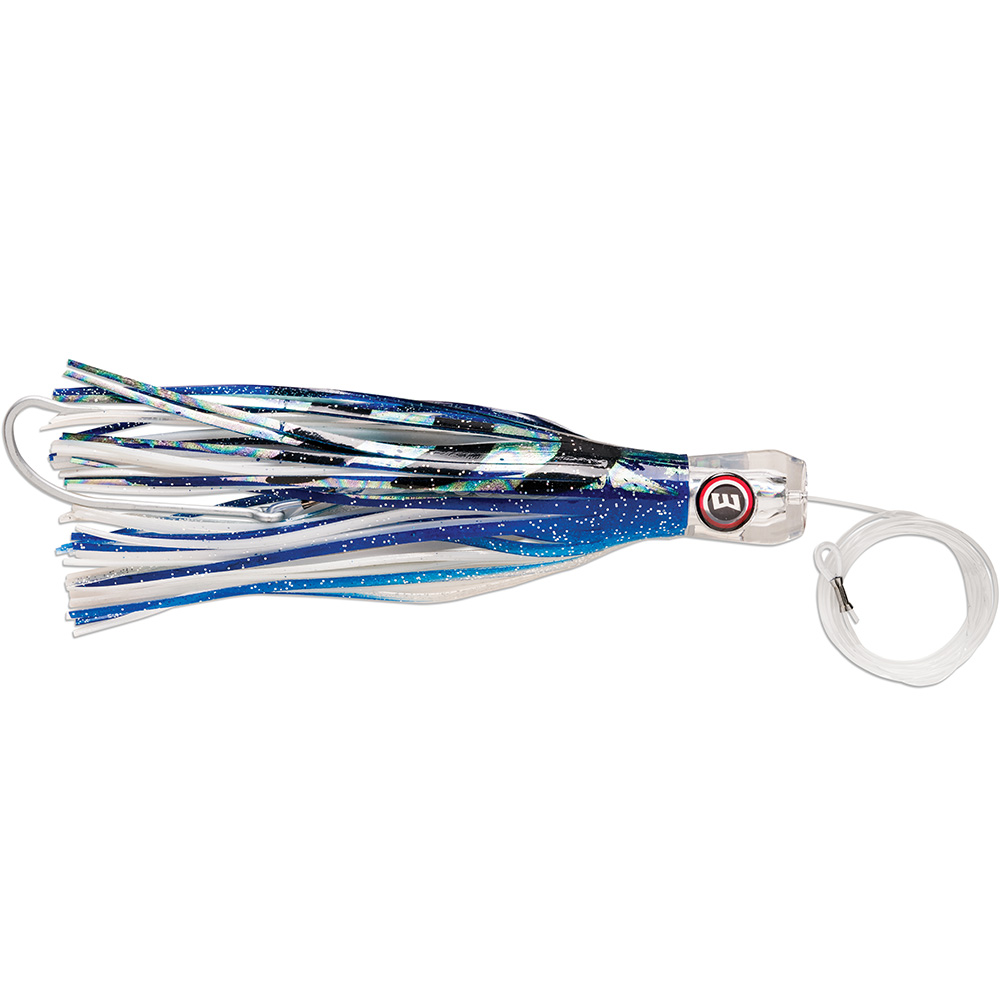 Blue and white fishing lure with sparkles.