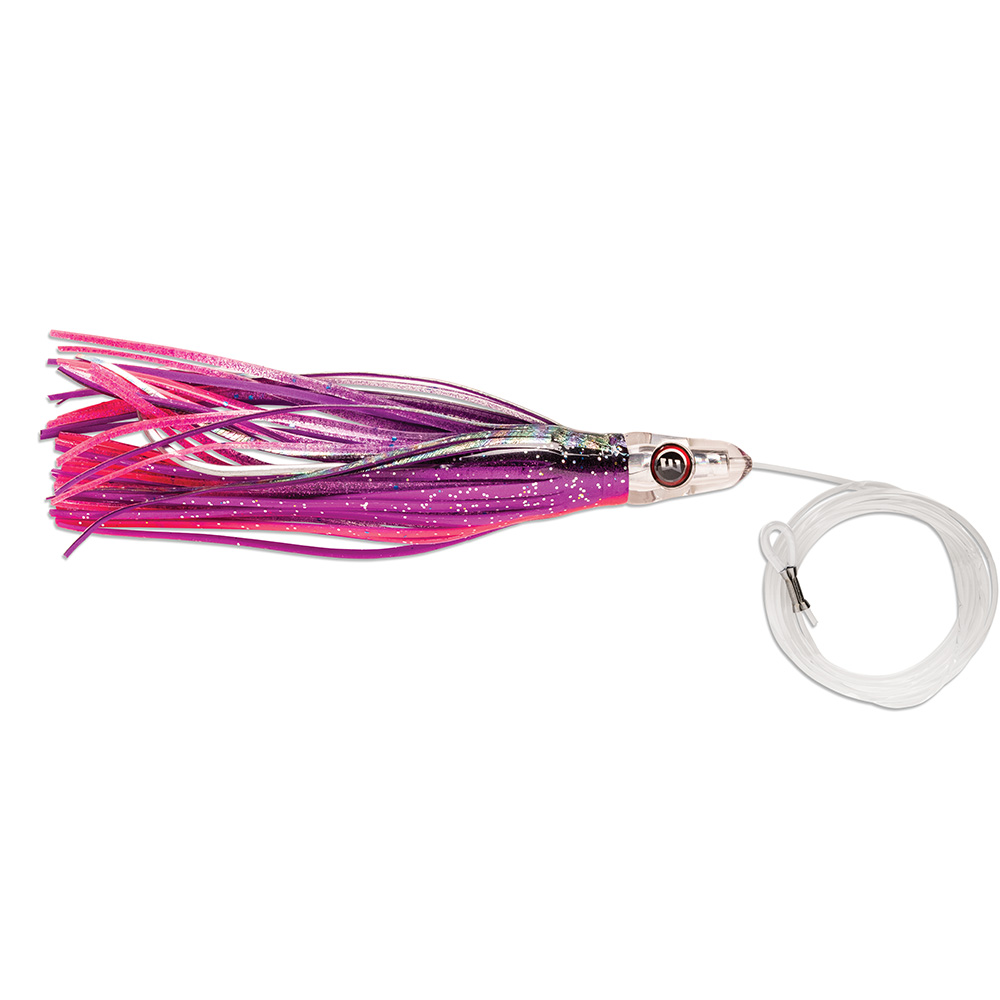 Purple-pink fishing lure with glittery skirt and hook.