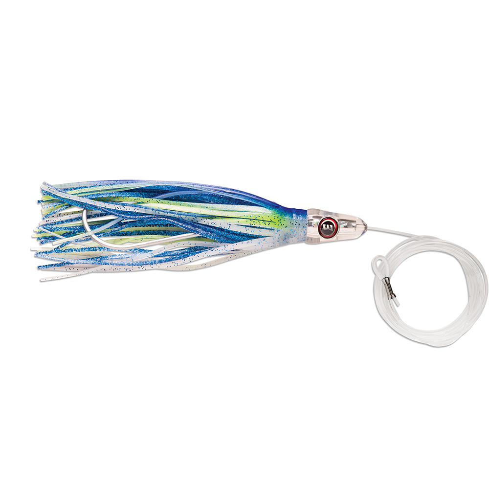 Blue and green fishing lure with skirt and line.