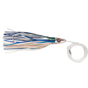 Colorful fishing lure with attached leader line.