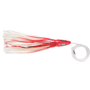 Red and white fishing lure with glitter.