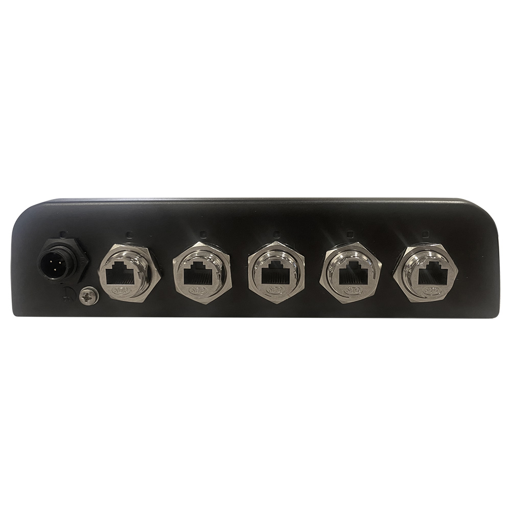 Front view of industrial Ethernet switch ports.