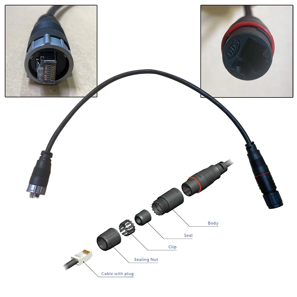 Cable connector assembly with labeled components diagram.