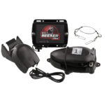 Fishing equipment kit with electronic device and cables.