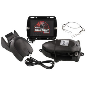 Fishing equipment kit with electronic device and cables.