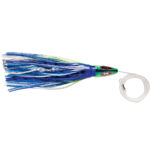 Colorful fishing lure with trailing skirt and hook.