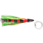 Colorful fishing lure with red and green skirt.