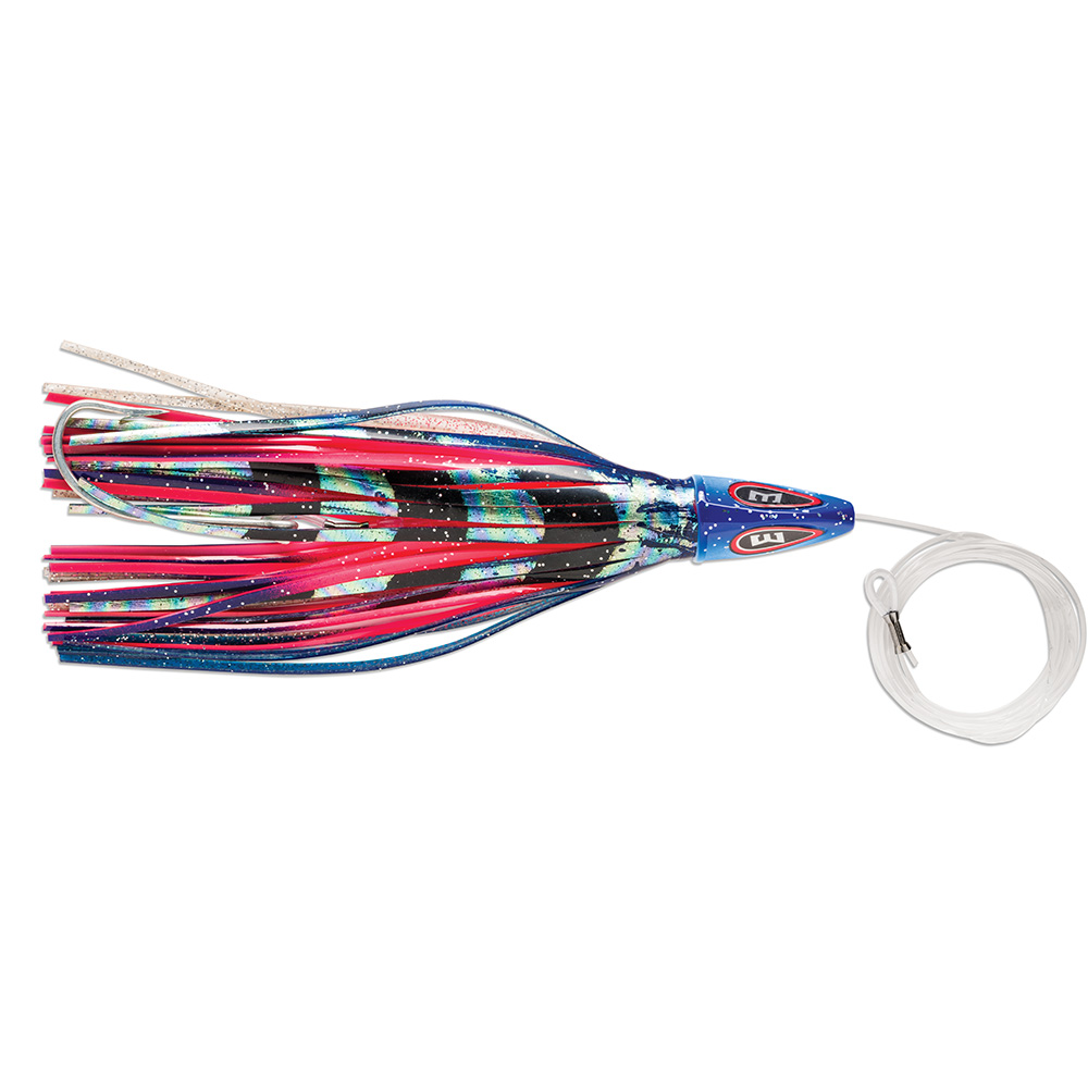 Colorful fishing lure with long skirt and hook.