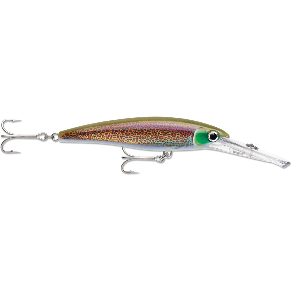 Colorful fishing lure with two treble hooks.