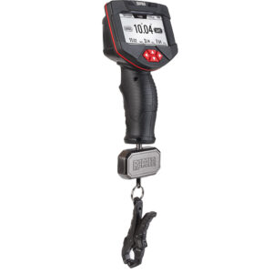 Digital fish scale with clamp and display screen.