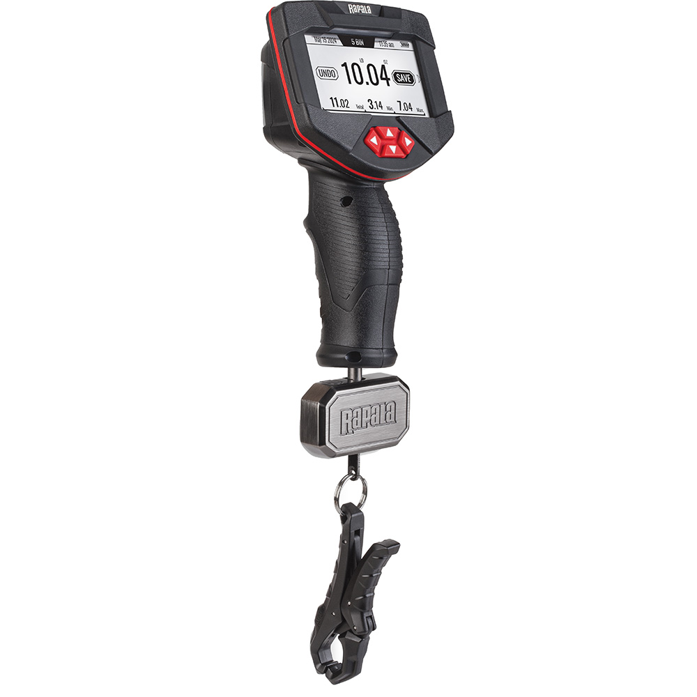 Digital fish scale with clamp and display screen.