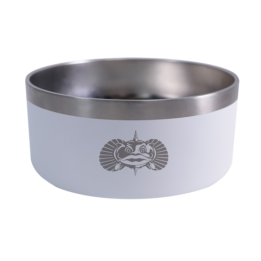 White stainless steel bowl with fish design.