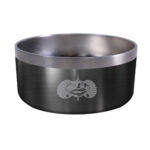 Stainless steel dog bowl with fish logo.