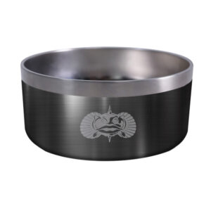 Stainless steel dog bowl with fish logo.