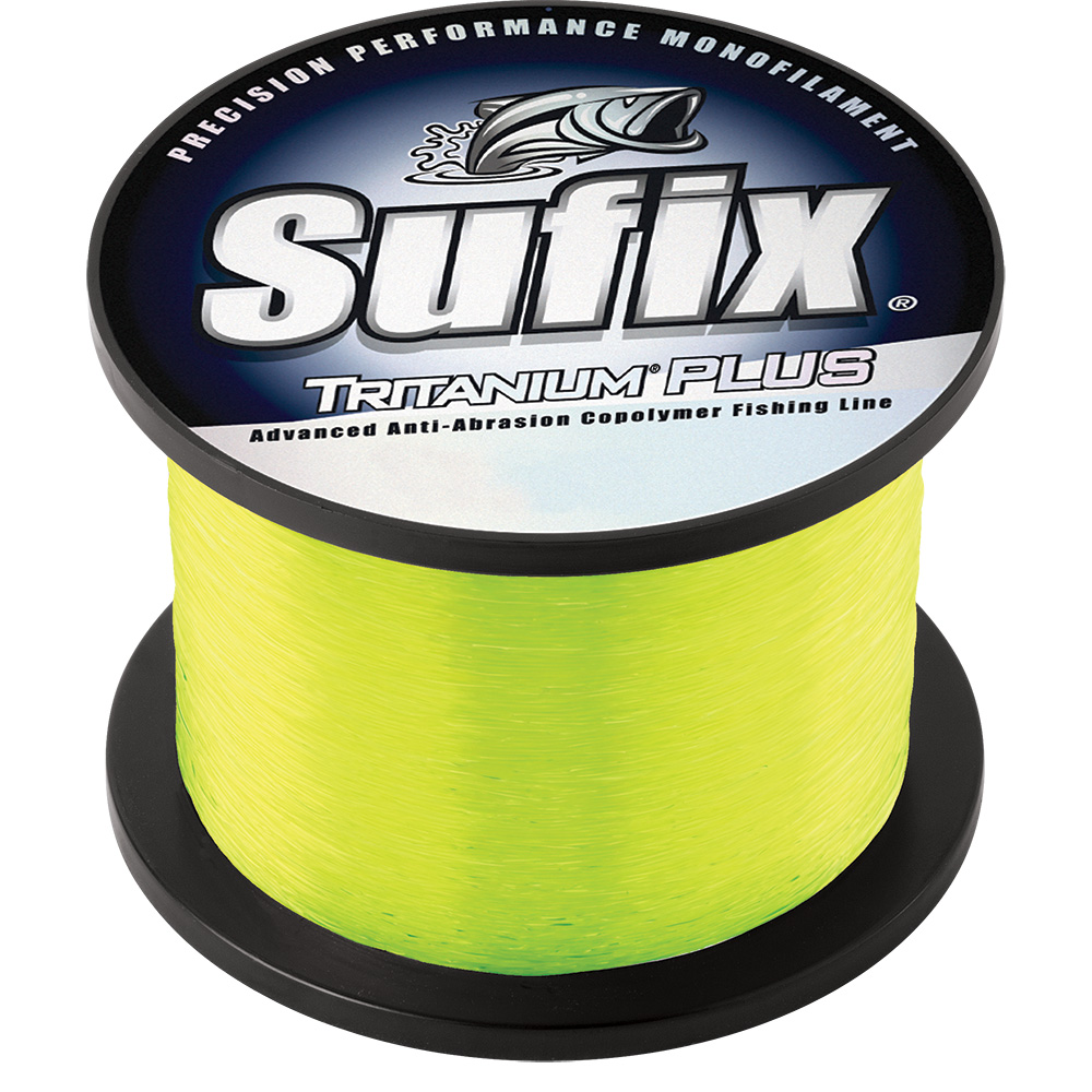 Sufix yellow fishing line spool close-up.