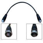 Black ethernet cable with metal connectors close-up.