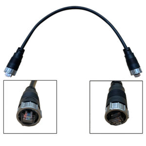 Black ethernet cable with metal connectors close-up.